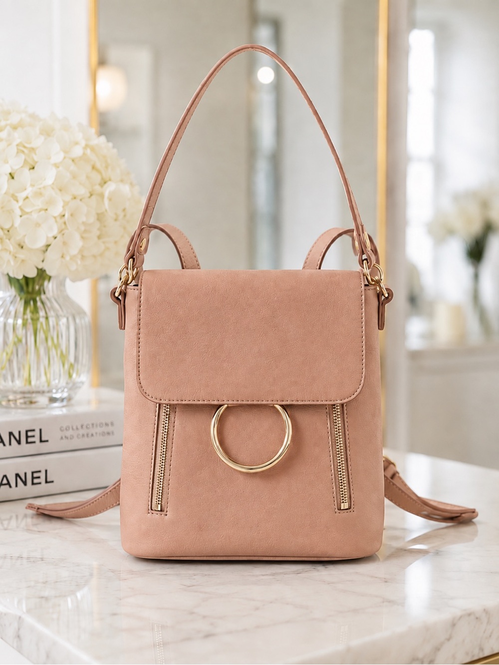 LC LAUREN CONRAD Blush Pink O-Ring Convertible Backpack Bag School College NWT